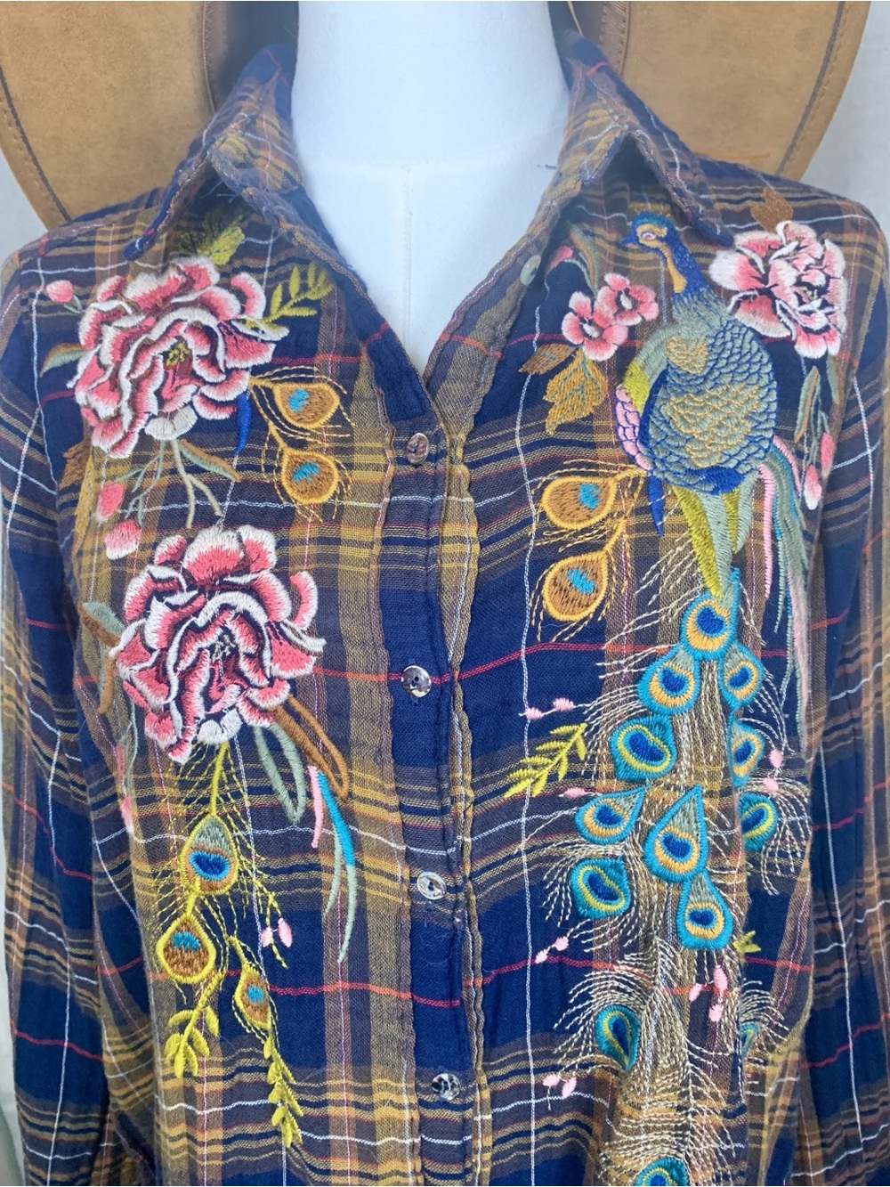 Johnny Was Workshop Embroidered Peacock Plaid Button Up Shirt Boho Western XS